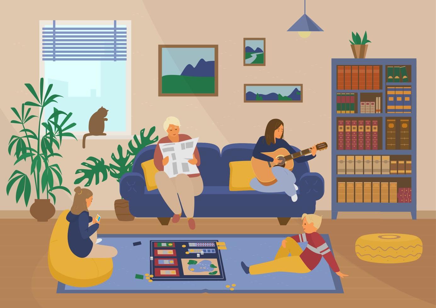 Family at home. Children playing board game, grandmather reading newspaper, mother playing guitar. Living room interior. Home activities. Vector concept.