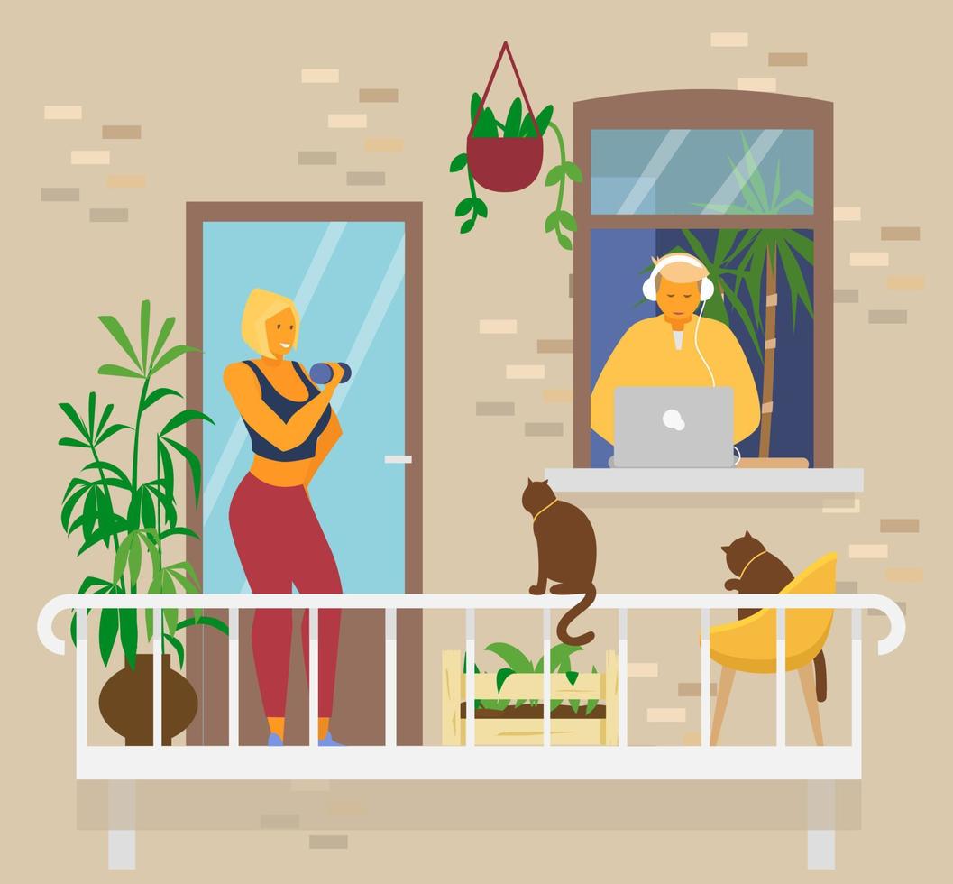 Young couple at home. Blond smiling woman doing exercices with dumbbells on balcony with cats and plants.Man in headphones in window works from home at laptop. Home activities. Flat vector. vector