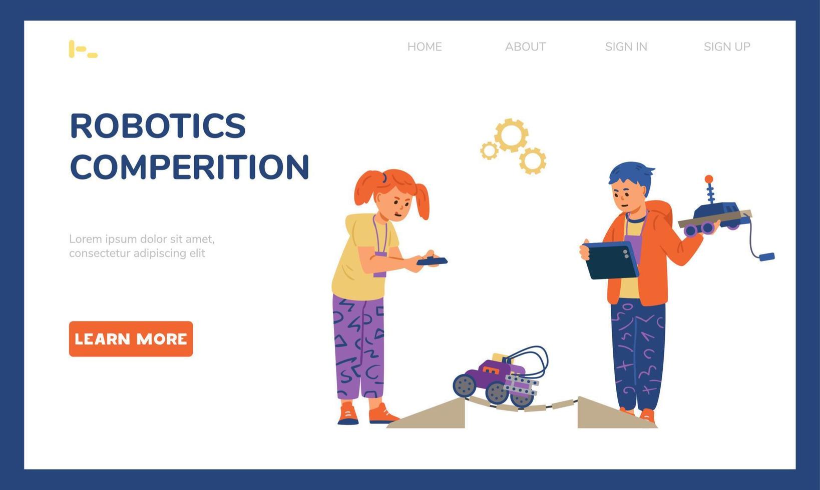 Robotics for kids vector landing page template. Kids taking part on robotics competition.