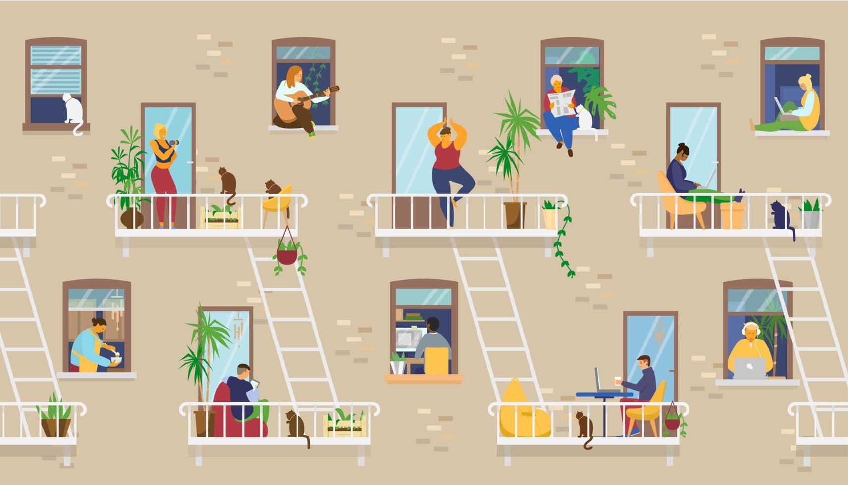 exterior de la casa con gente en ventanas y balcones quedándose en casa y haciendo diferentes actividades estudiando, tocando guitarra, trabajando, haciendo yoga, cocinando, leyendo. ilustración vectorial plana. vector