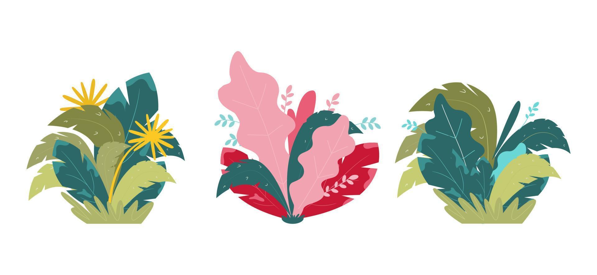 Set of abstract bushes. Tropical plants isolated on white. Flat vector illustration.