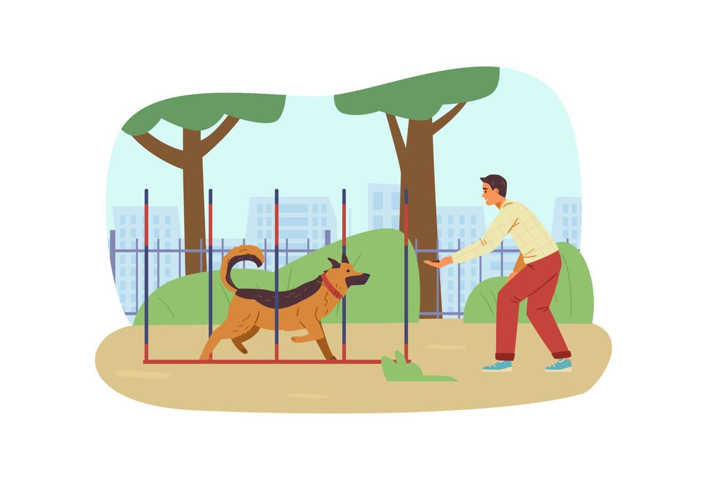 Man training his Shepherd Dog on agility field flat vector illustration. Dog runs slalom, owner gives him reward.