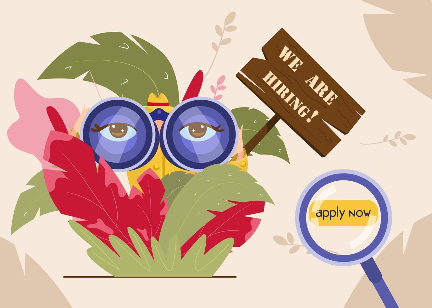 Web page template for recruitment agency. We are hiring concept. Woman detective looking through binoculars for new employees. Flat style. vector