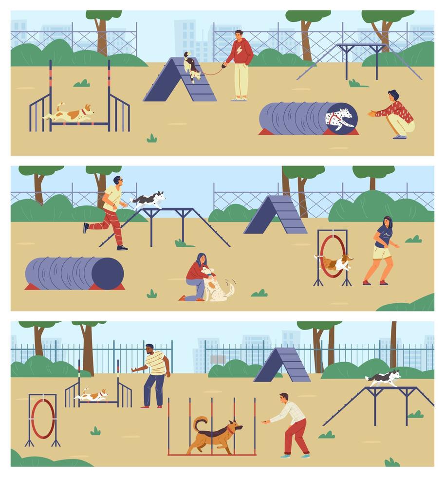 personas entrenando a sus perros en el conjunto de pancartas vectoriales horizontales de campo de agilidad. diferentes personas con diferentes perros en el patio de recreo. vector