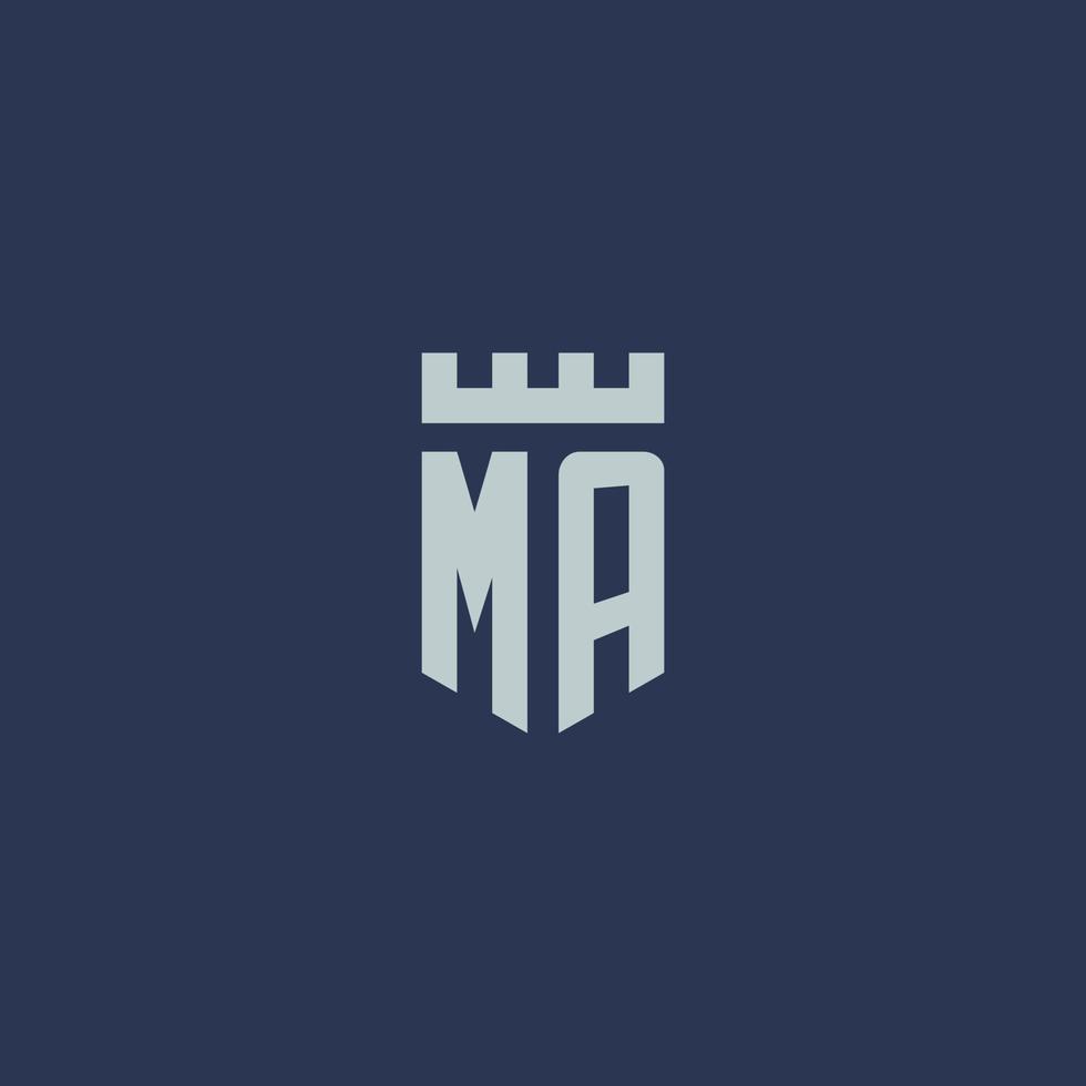 monograma del logotipo de ma con castillo de fortaleza y diseño de estilo de escudo vector