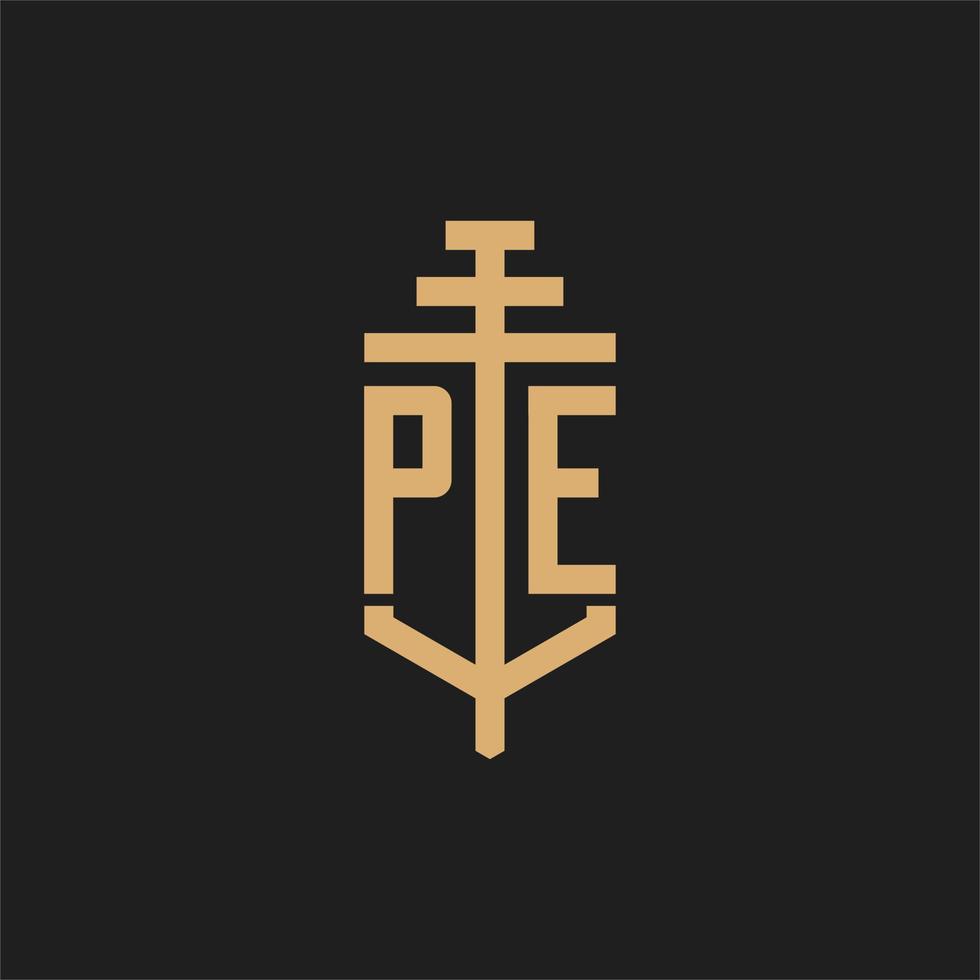 PE initial logo monogram with pillar icon design vector