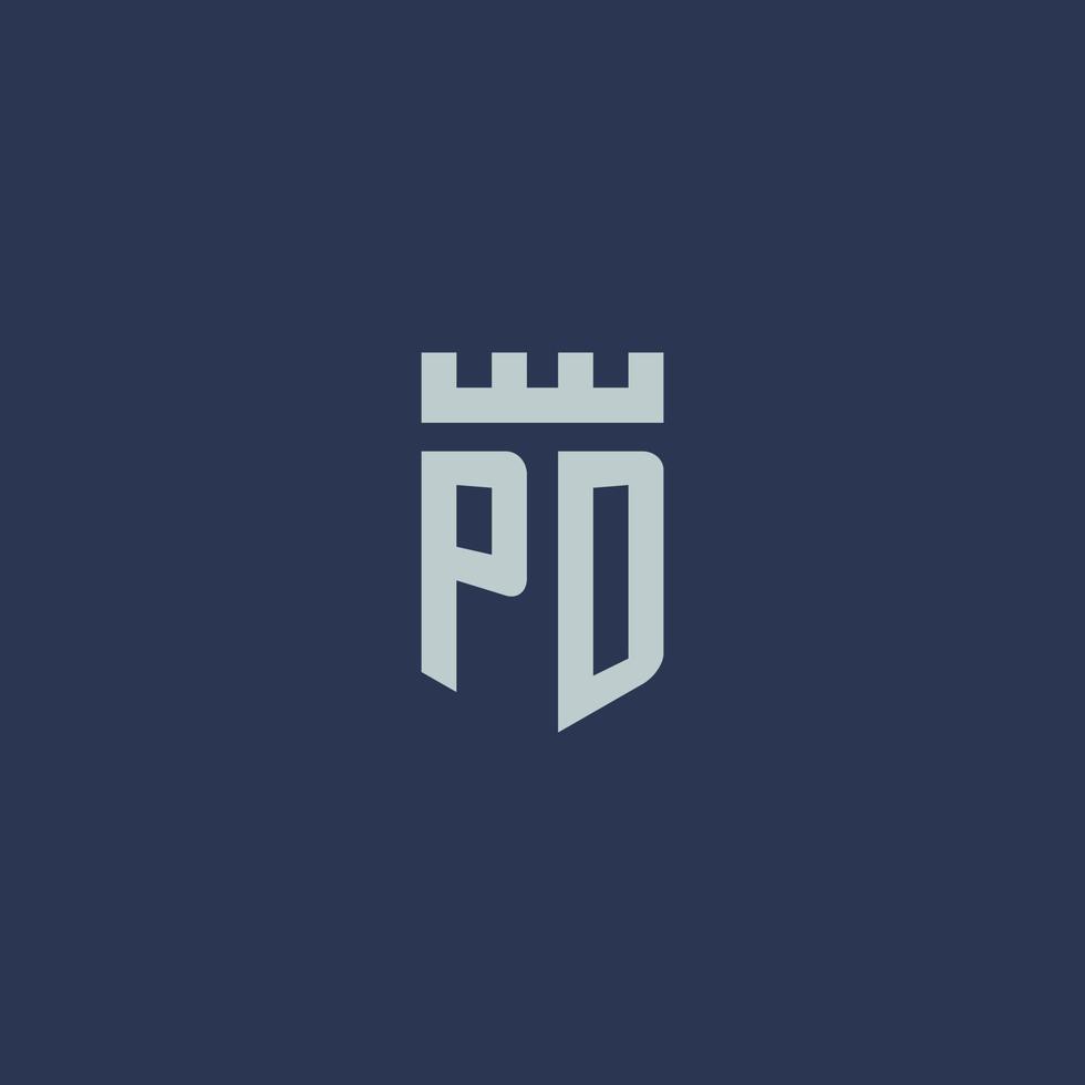 monograma del logotipo de pd con castillo de fortaleza y diseño de estilo de escudo vector