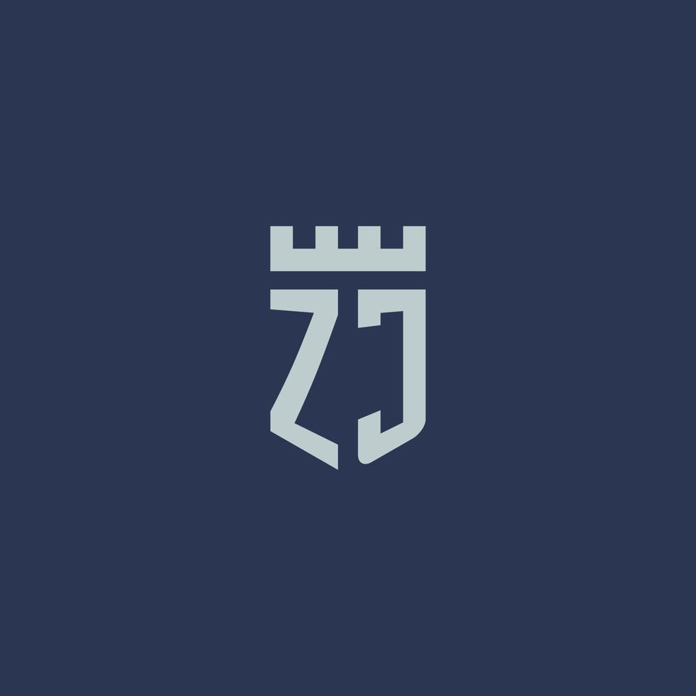 monograma del logotipo zj con castillo de fortaleza y diseño de estilo escudo vector