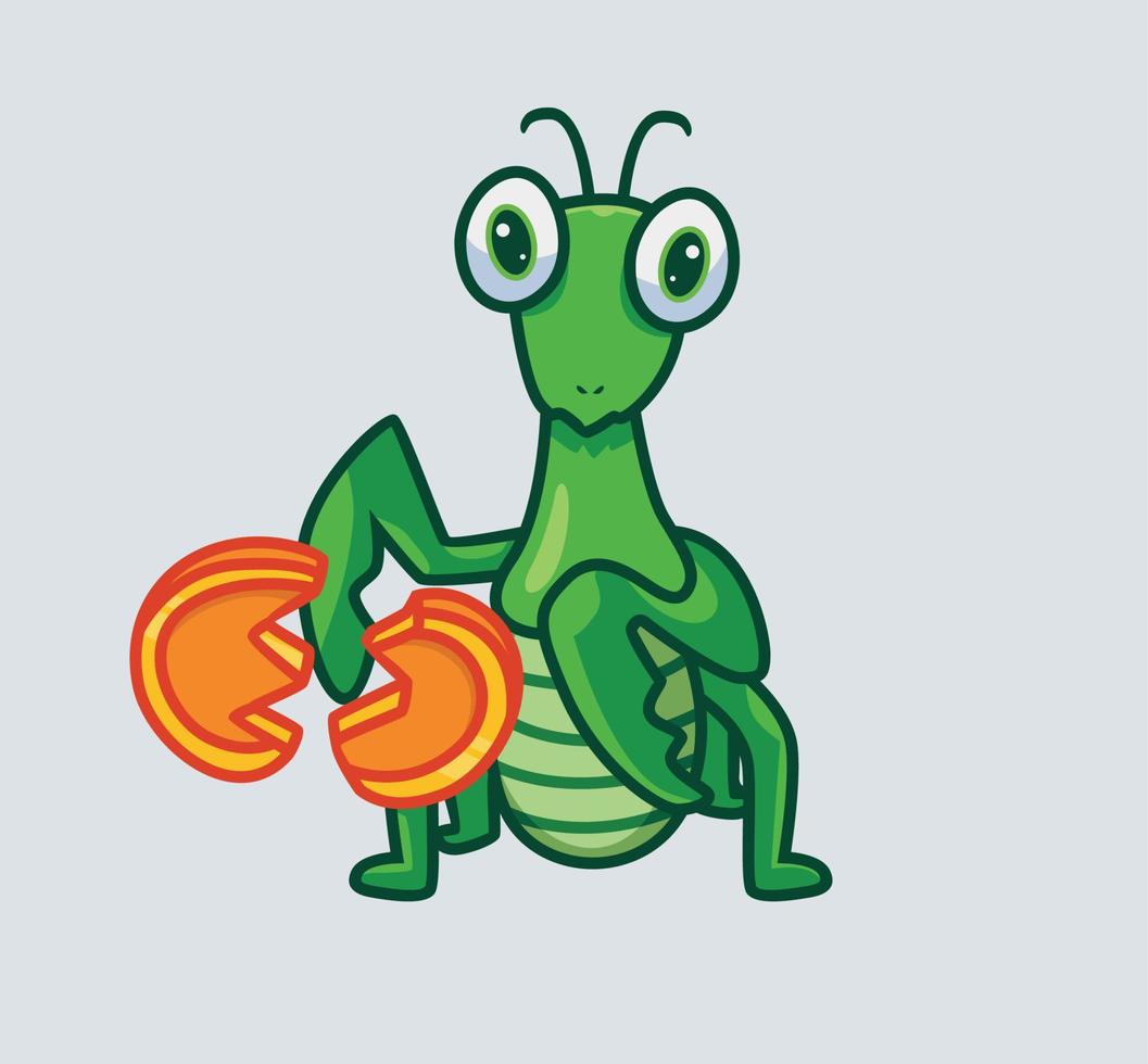 cute praying mantis on crisis money. isolated cartoon animal nature illustration. Flat Style suitable for Sticker Icon Design Premium Logo vector. Mascot Character vector