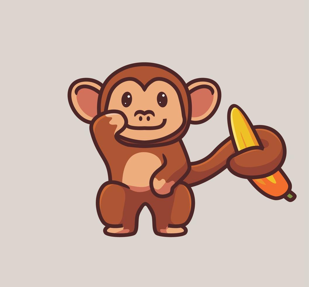 lindo mono sosteniendo plátano con su cola. ilustración de naturaleza animal de dibujos animados aislados. estilo plano adecuado para el vector de logotipo premium de diseño de icono de etiqueta. personaje mascota