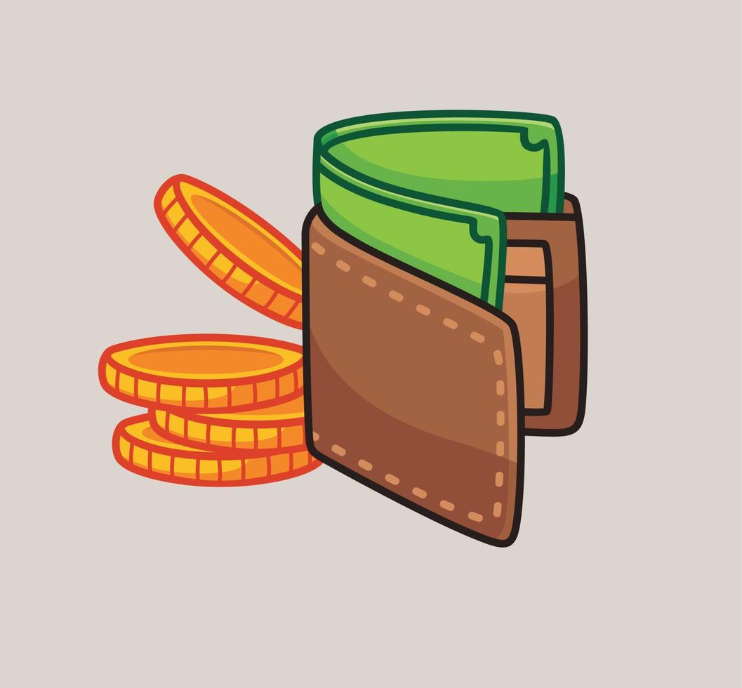 linda billetera marrón con dinero. Objeto, dibujos animados, ilustración, icono, lindo, vector, diseño, fondo, gráfico, aislado, pegatina, blanco, limpio, plano, elemento vector