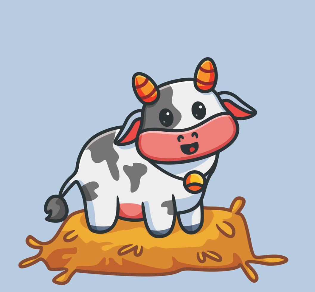 lindo soporte de vaca sobre paja. ilustración de naturaleza animal de dibujos animados aislados. estilo plano adecuado para el vector de logotipo premium de diseño de icono de etiqueta. personaje mascota