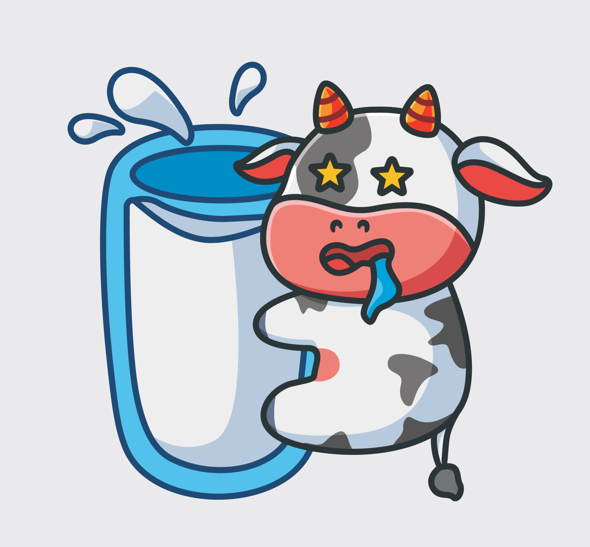 cute cow drink milk on giant glass. isolated cartoon animal nature