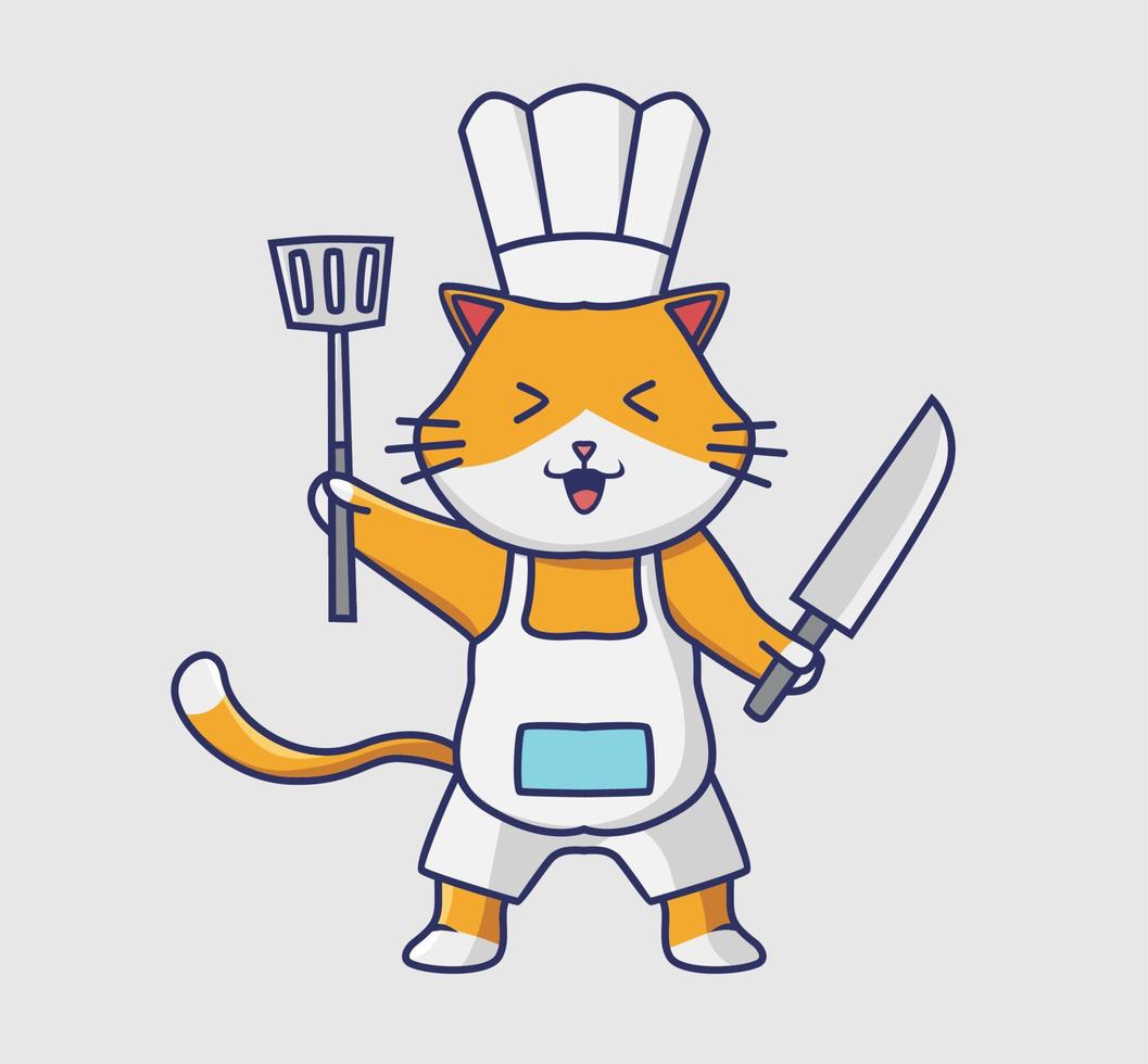 cute cat chef holding spatula and knife. cartoon animal job concept Isolated illustration. Flat Style suitable for Sticker Icon Design Premium Logo vector. Mascot character vector