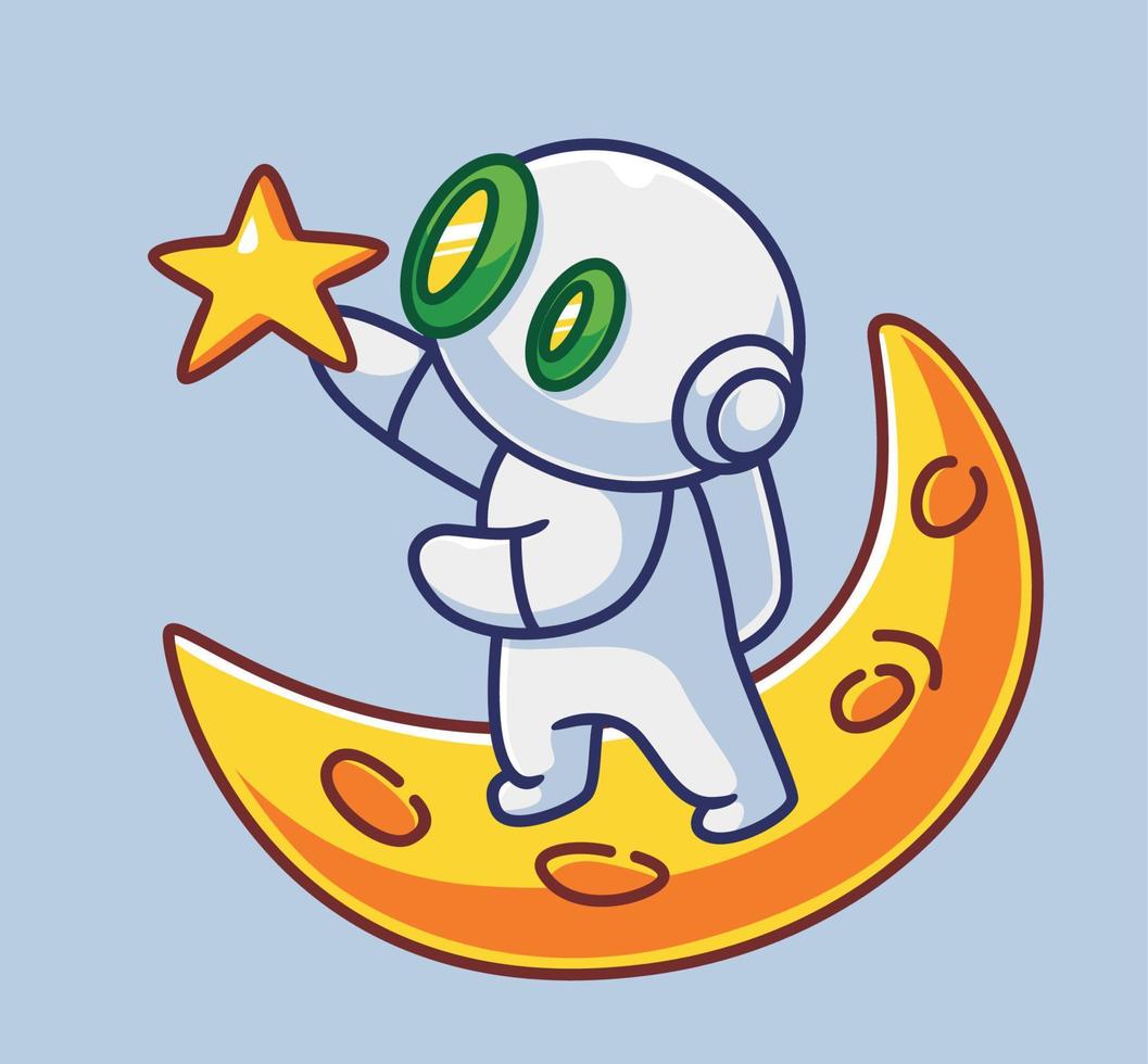 lindo robot astronauta toma una estrella en la luna. ilustración de persona de dibujos animados aislado. estilo plano adecuado para el diseño de iconos de pegatinas vector de logotipo premium