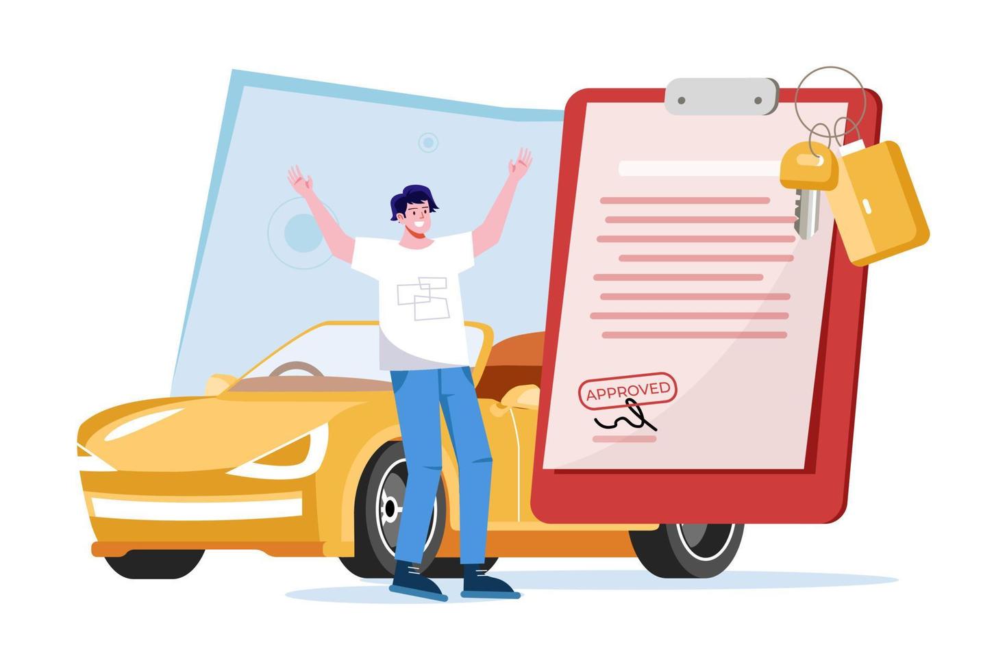 hombre obteniendo un préstamo de automóvil aprobado concepto de ilustración sobre fondo blanco vector