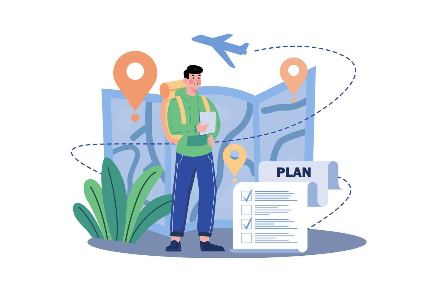 Young man with luggage, planning sightseeing route for attractions vector