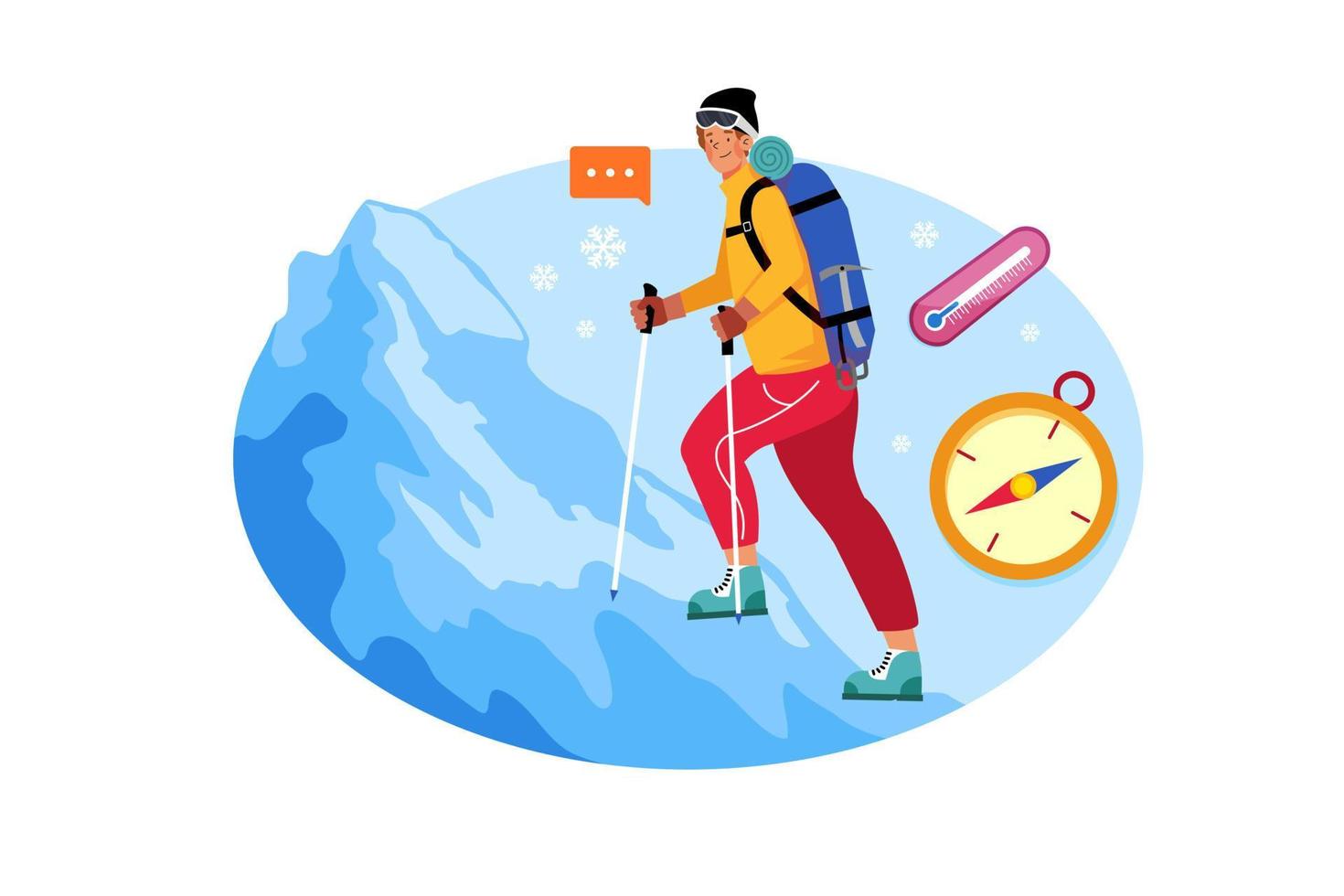 Man character hike high in mountains in winter Illustration concept on white background vector