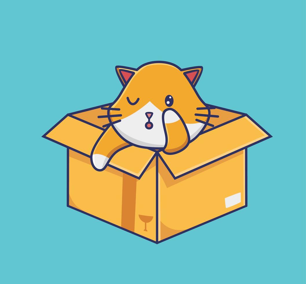 cute cat wake up cardboard. cartoon animal nature concept Isolated illustration. Flat Style suitable for Sticker Icon Design Premium Logo vector. Mascot Character vector