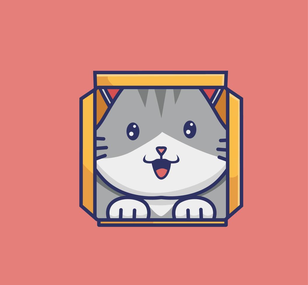 cute cat hide in cardboard small. cartoon animal nature concept Isolated illustration. Flat Style suitable for Sticker Icon Design Premium Logo vector. Mascot Character vector