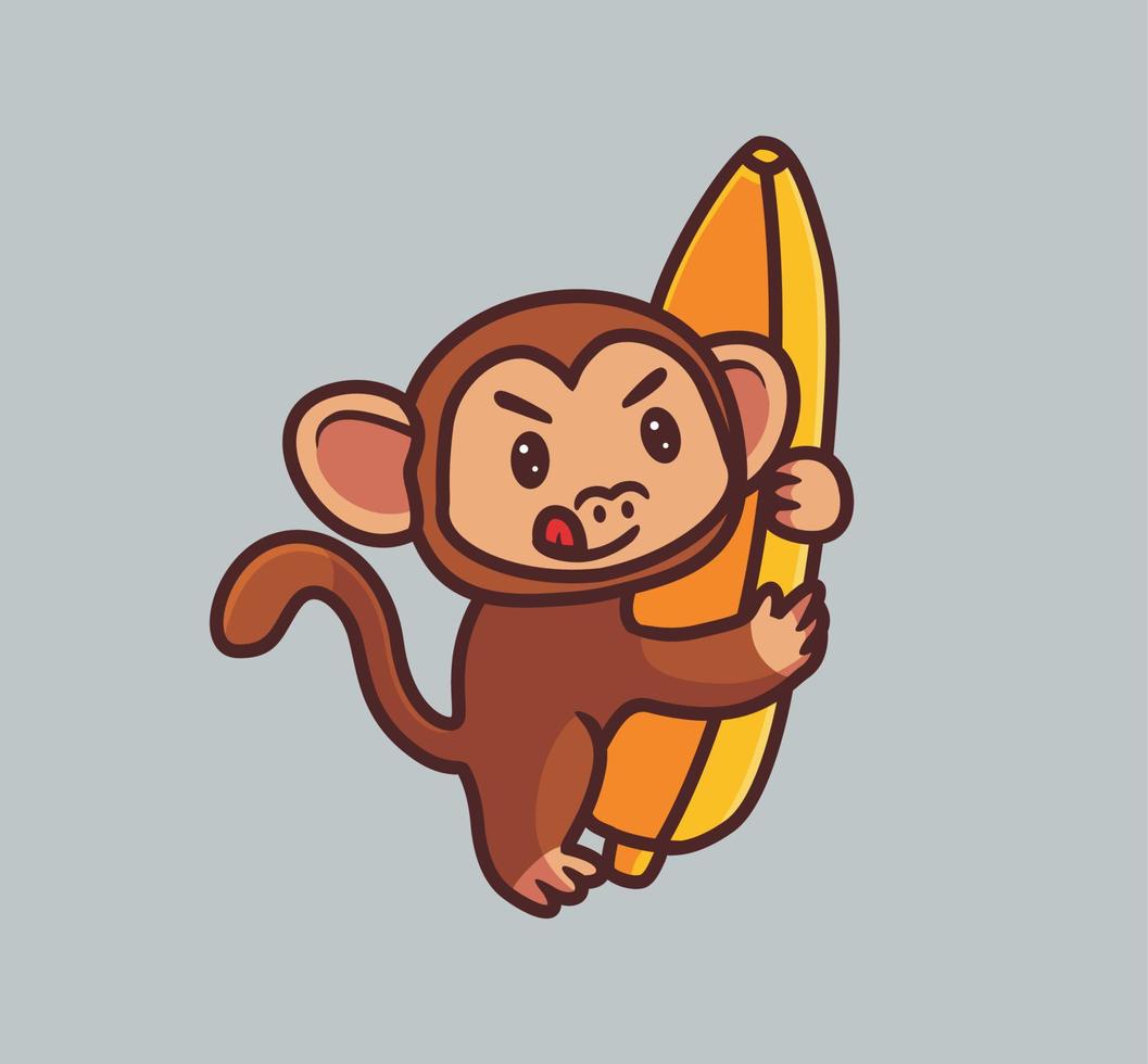 cute hungry monkey hugging giant banana. isolated cartoon animal nature illustration. Flat Style suitable for Sticker Icon Design Premium Logo vector. Mascot Character vector