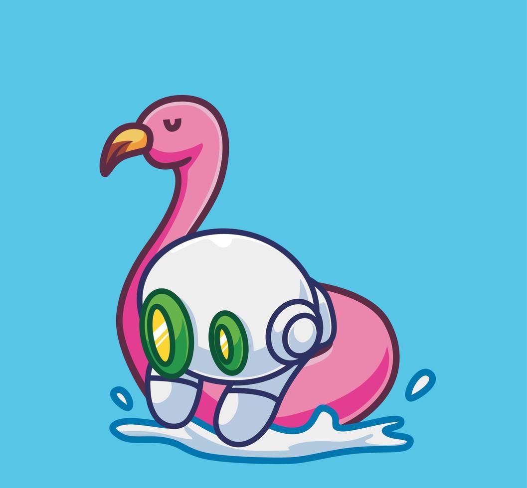 lindo robot astronauta jugando con una boya flamingo. ilustración de naturaleza animal de dibujos animados aislados. estilo plano adecuado para el vector de logotipo premium de diseño de icono de etiqueta. personaje mascota