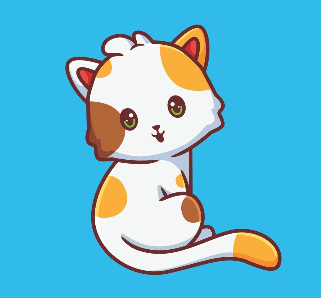 lindo gato mirando hacia atrás. ilustración animal de dibujos animados aislados. vector de logotipo premium de diseño de icono de etiqueta de estilo plano. personaje mascota
