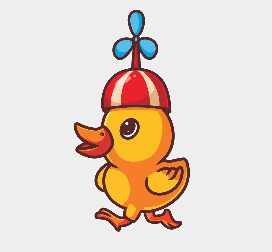 lindo pato amarillo con sombrero de juguete. ilustración de naturaleza animal de dibujos animados aislados. estilo plano adecuado para el vector de logotipo premium de diseño de icono de etiqueta. personaje mascota