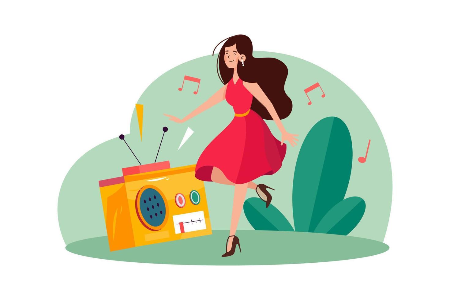 Young woman listening to music and moving with dancing vector