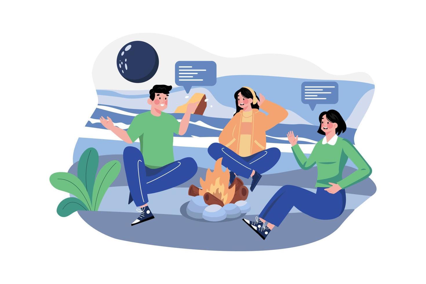 Happy young friends sitting at beach bonfires in a night wood, warming and talking vector