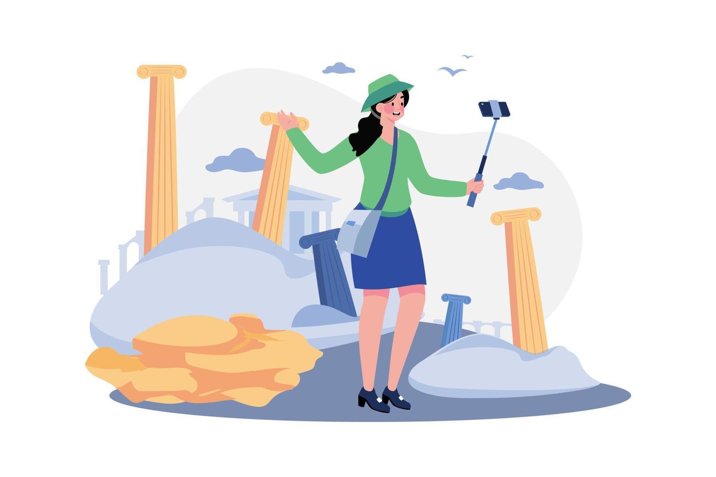 Lady in tourist outfit taking a selfie vector