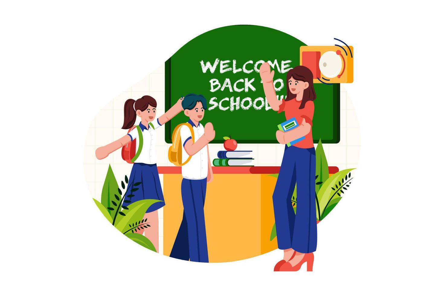 Teacher welcomes students into the class vector