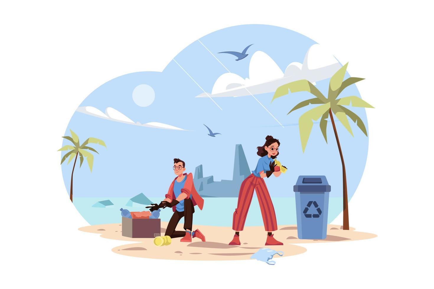 People are cleaning up trash on the beach vector