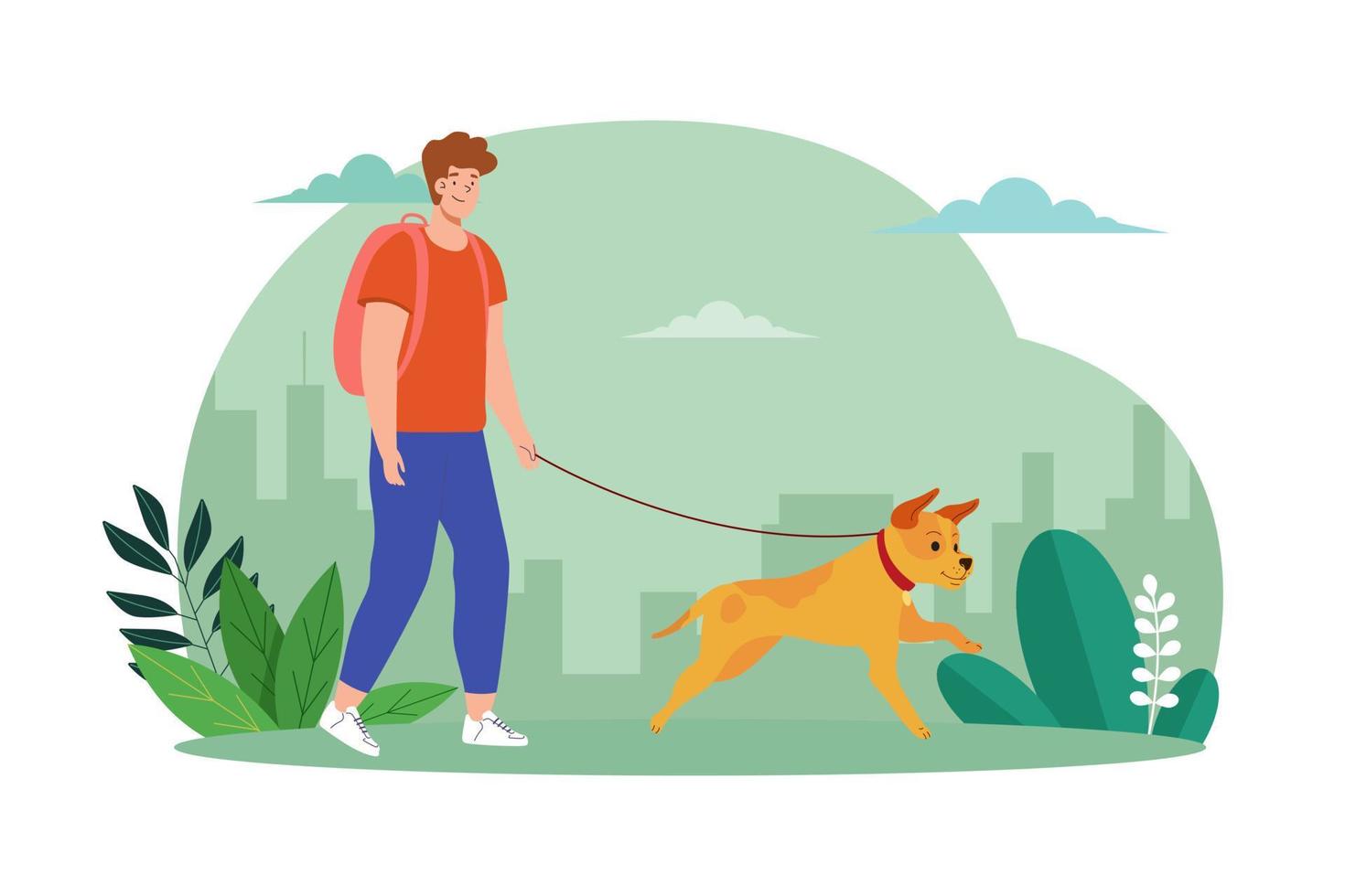 Young man walking with cute dog vector