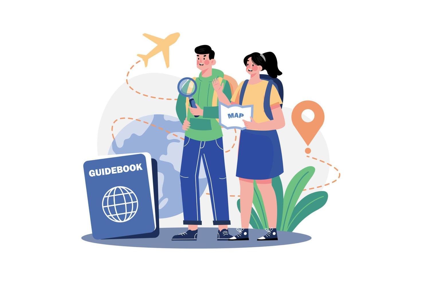 Tourist man and woman walking with map or guidebook vector