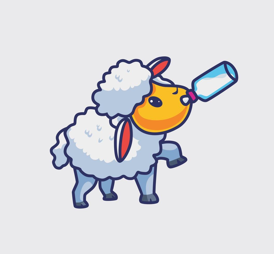 cute baby sheep drink milk on bottle. isolated cartoon animal nature illustration. Flat Style suitable for Sticker Icon Design Premium Logo vector. Mascot Character vector