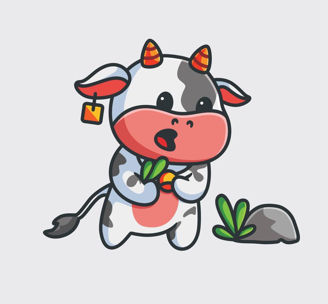 cute cow eating grass. isolated cartoon animal nature illustration. Flat Style suitable for Sticker Icon Design Premium Logo vector. Mascot Character vector