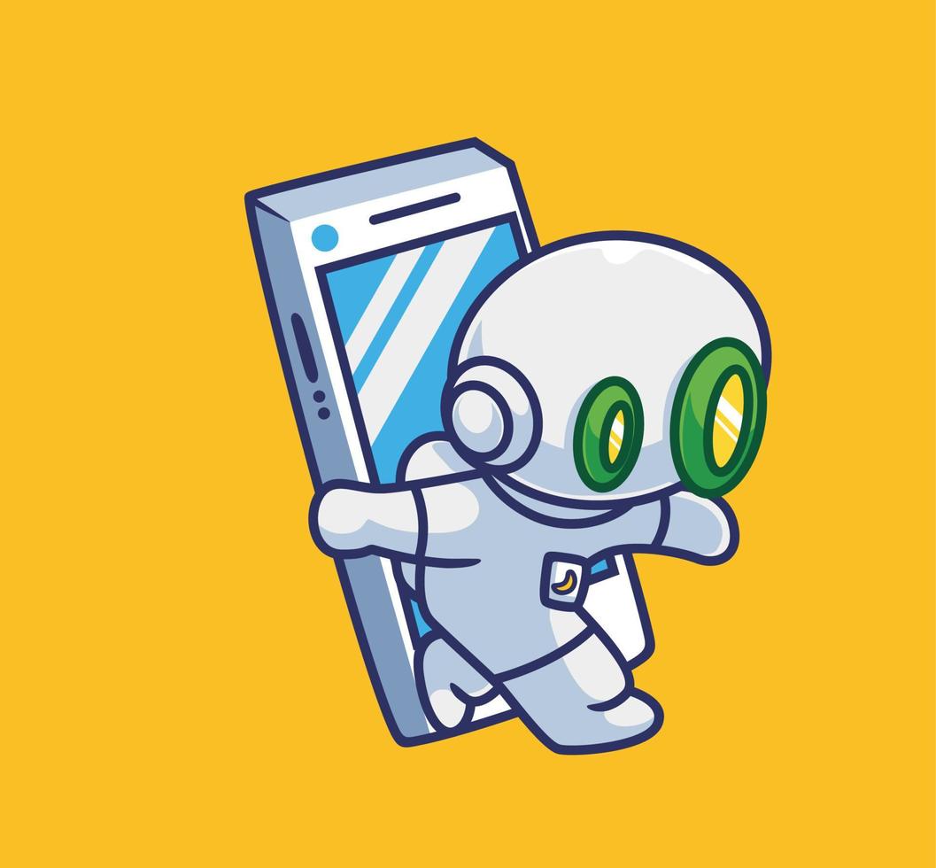 cute astronaut robot run away from the handphone vector