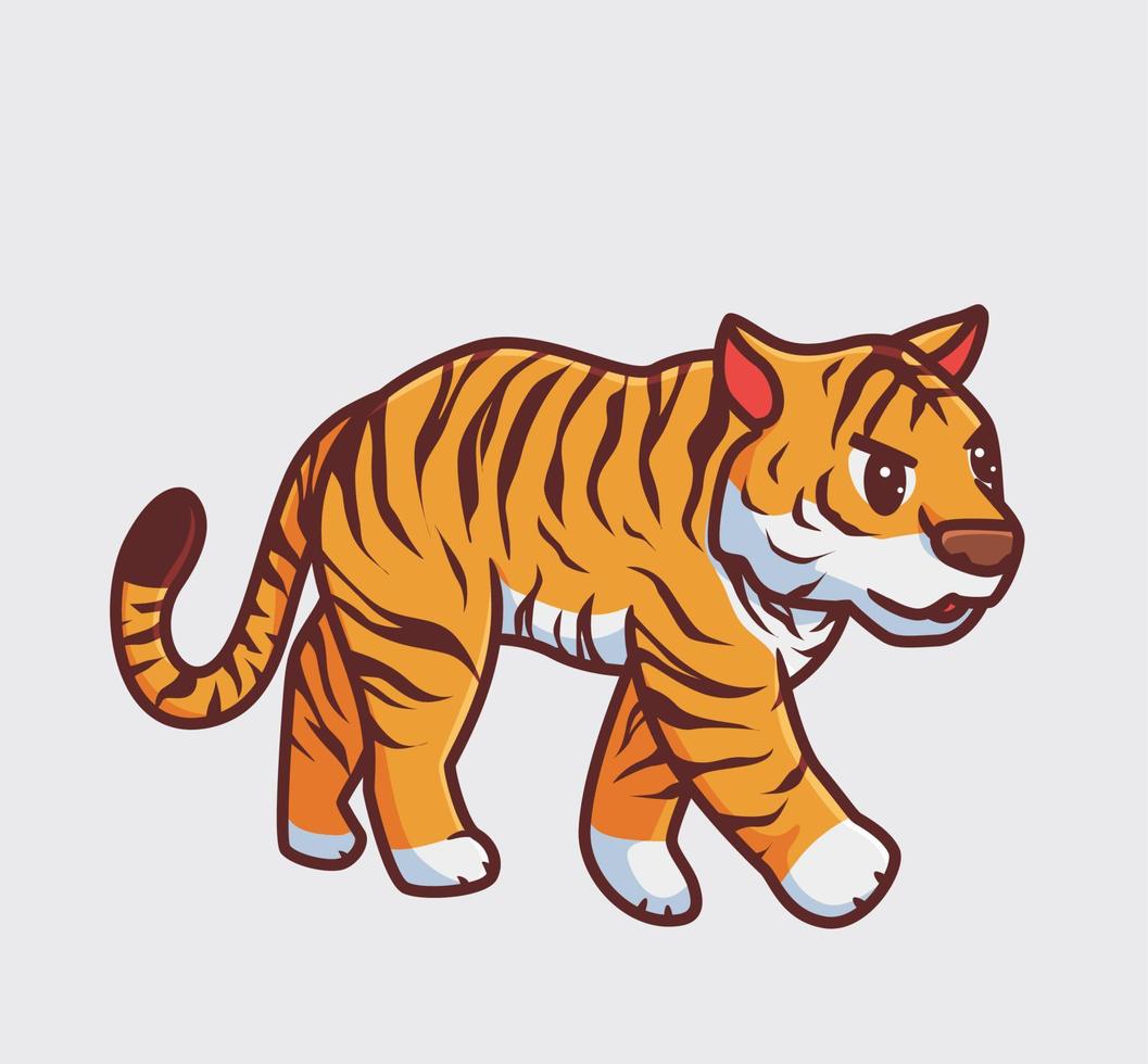 lindo tigre caminando para cazar. ilustración de naturaleza animal de dibujos animados aislados. estilo plano adecuado para el vector de logotipo premium de diseño de icono de etiqueta. personaje mascota