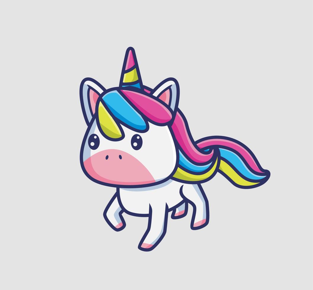 lindo unicornio caminando. ilustración aislada del concepto de naturaleza animal de dibujos animados. estilo plano adecuado para el vector de logotipo premium de diseño de icono de etiqueta. personaje mascota