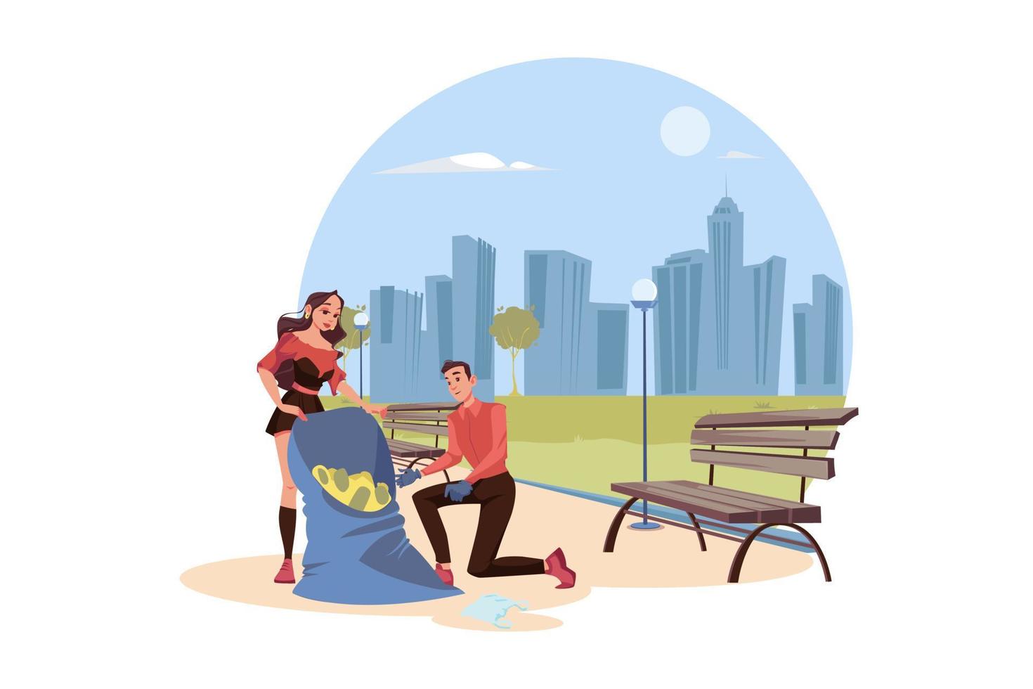 People cleaning the trash in the park vector