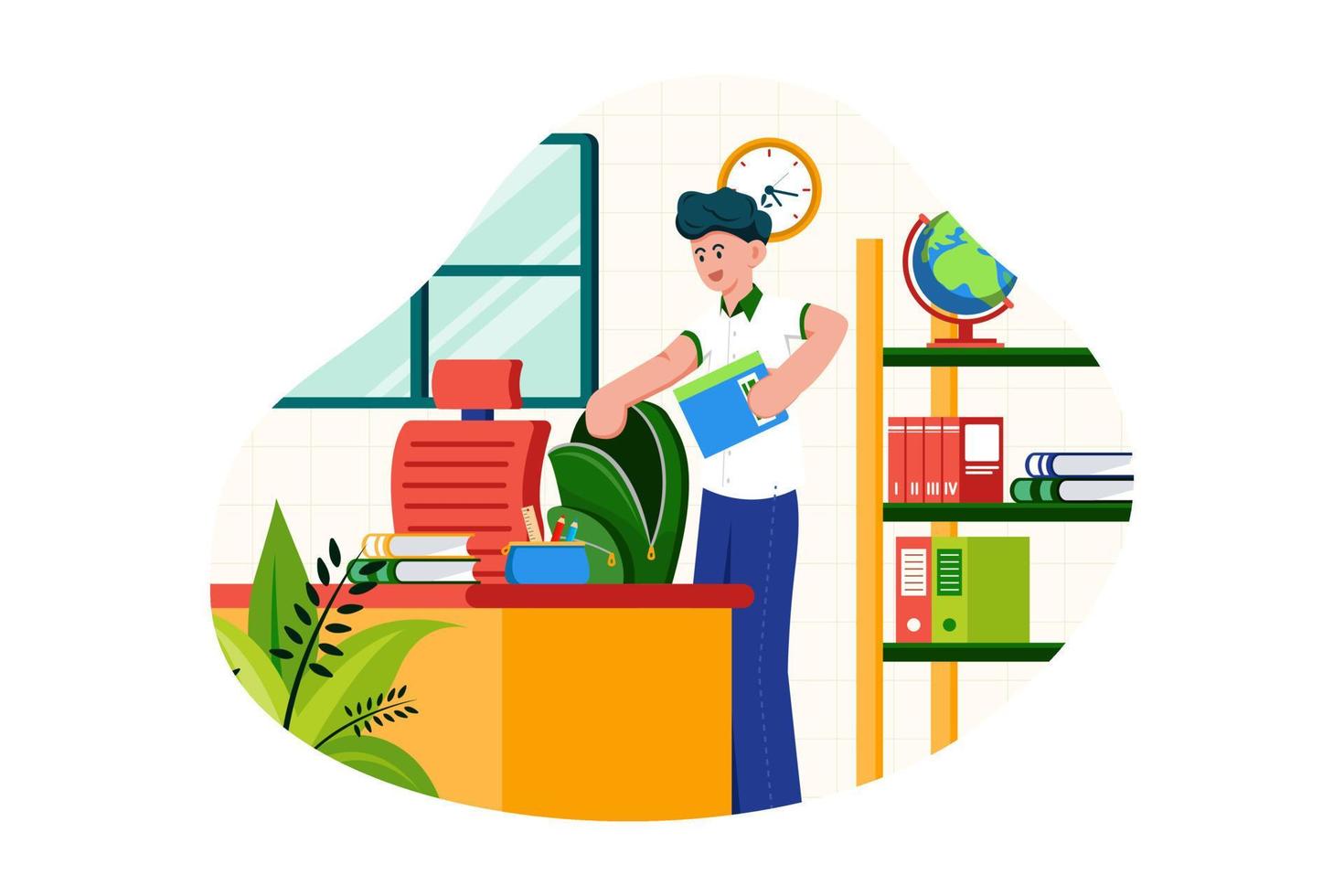 Boy putting books in school bag vector