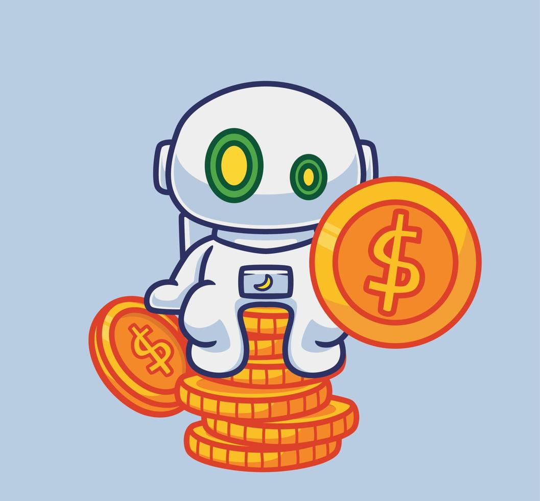 cute astronaut robot sit on pile of coin and holding coin money. Isolated cartoon person illustration. Flat Style suitable for Sticker Icon Design Premium Logo vector