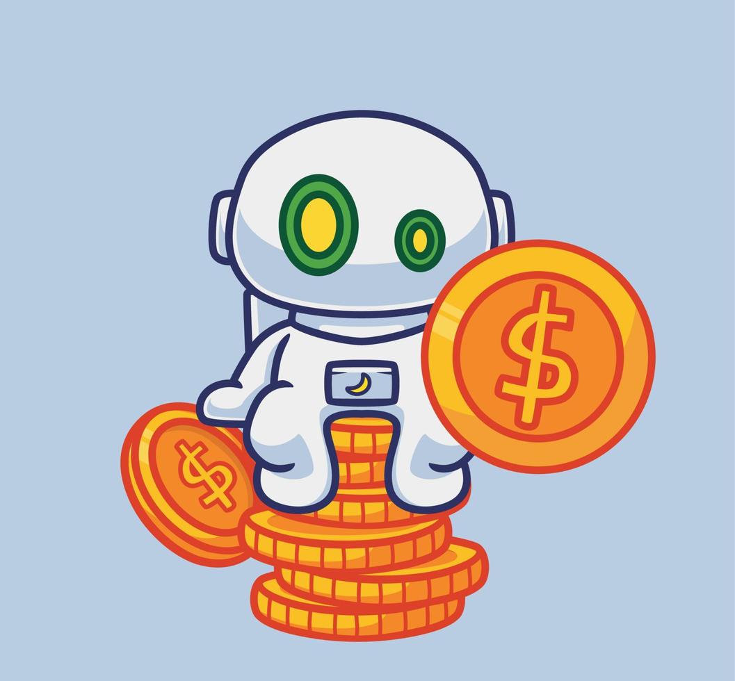 el lindo robot astronauta se sienta en un montón de monedas y sostiene monedas. ilustración de persona de dibujos animados aislado. estilo plano adecuado para el diseño de iconos de pegatinas vector de logotipo premium