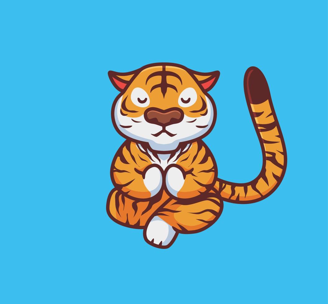 lindo tigre meditación pose yoga. ilustración de naturaleza animal de dibujos animados aislados. estilo plano adecuado para el vector de logotipo premium de diseño de icono de etiqueta. personaje mascota