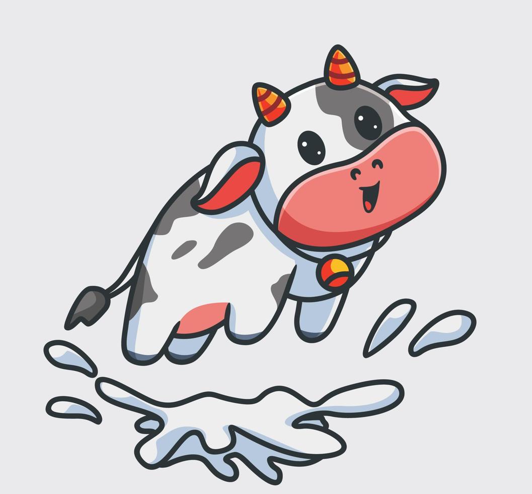 linda vaca volando con chorrito de leche. ilustración de naturaleza animal de dibujos animados aislados. estilo plano adecuado para el vector de logotipo premium de diseño de icono de etiqueta. personaje mascota