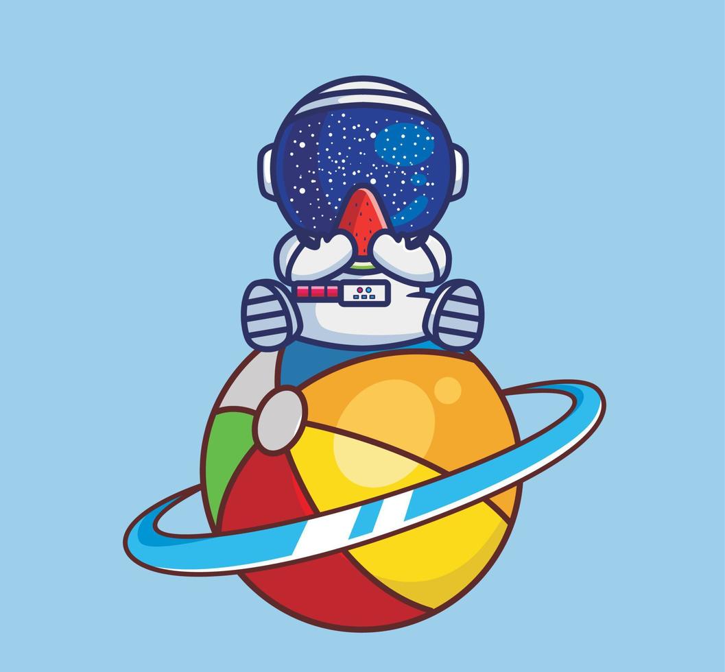 lindo astronauta sentado en un planeta colorido comiendo fruta de sandía. dibujos animados viajes vacaciones vacaciones verano concepto aislado ilustración. estilo plano adecuado para el diseño de iconos de pegatinas premium vector