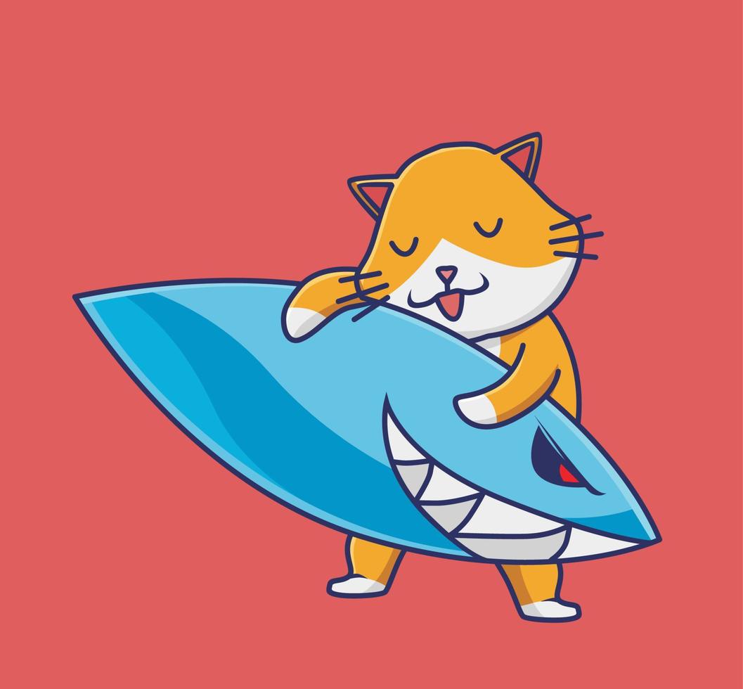 Cute Cat holding Surfboard ready for summer holiday vacation on the beach. Animal Isolated Cartoon Flat Style Sticker Web Design Icon illustration Premium Vector Logo mascot