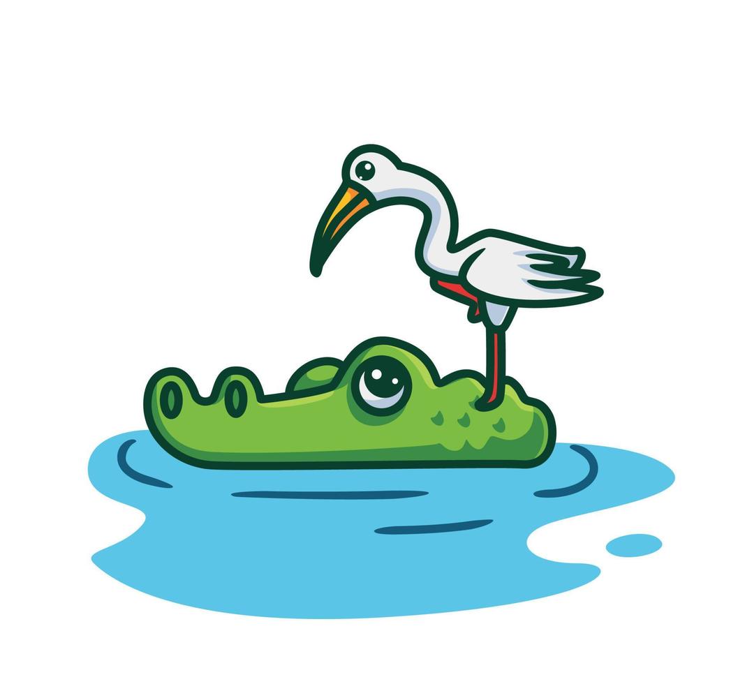 cute stork standing above the crocodile vector