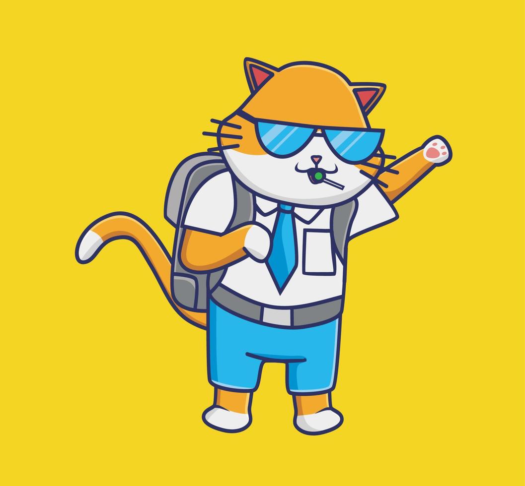 lindo gato estudiante saluda. ilustración aislada del concepto de estudiante animal de dibujos animados. estilo plano adecuado para el vector de logotipo premium de diseño de icono de etiqueta. personaje mascota